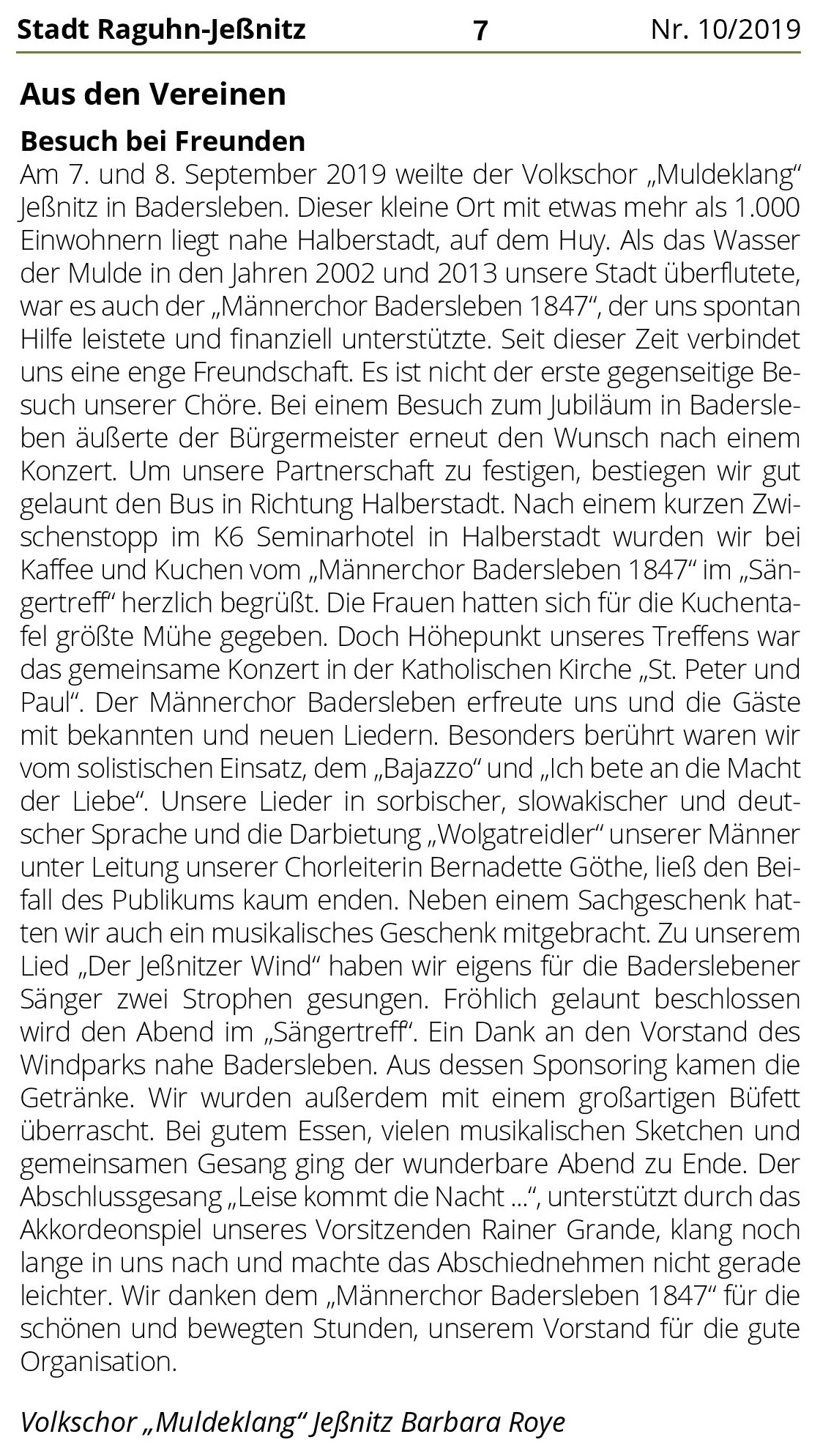 Leserbrief zur Chorfahrt nach Badersleben im Amtsblatt Raguhn-Jeßnitz